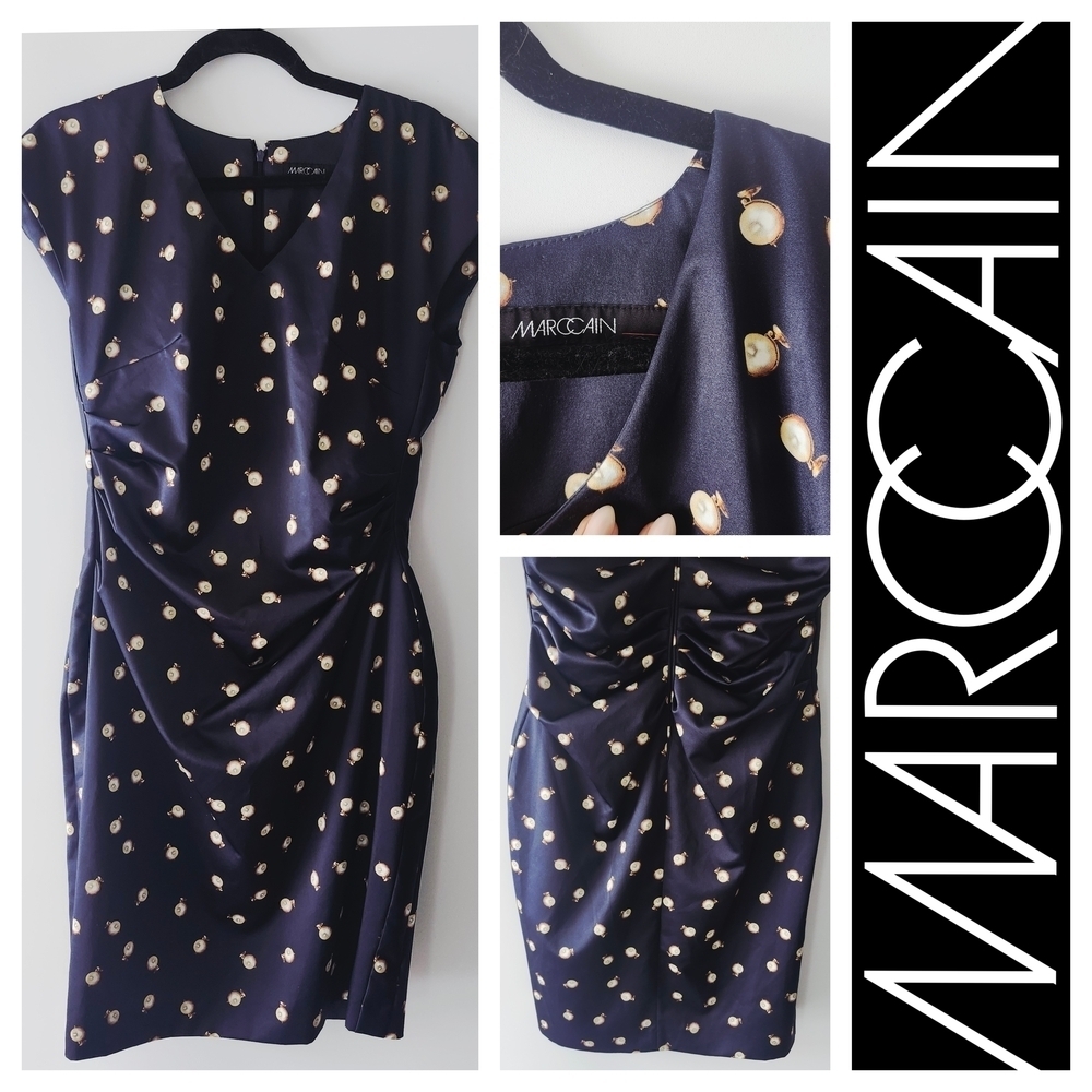 NWT MARC CAIN Navy Dress Size N5 Large/US 12 Pearl Polka Dot Print Draped Waist